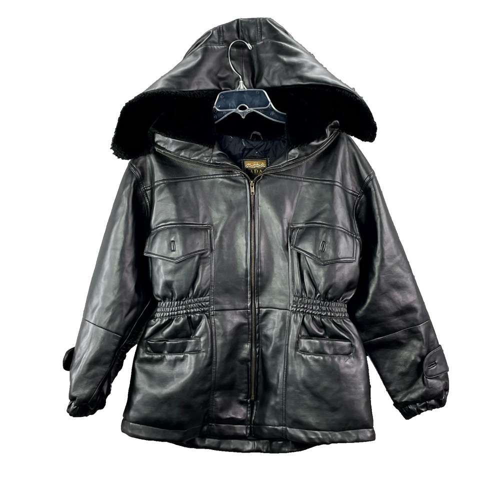 ADA Faux Leather Hooded Jacket Womens Large Black Insulated Full Zip Gorpcore
